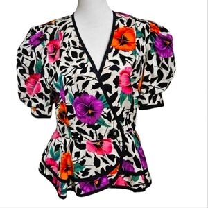 Vintage 80s A.J.BARI Floral Silk Peplum Jacket Top. Size 10(medium)